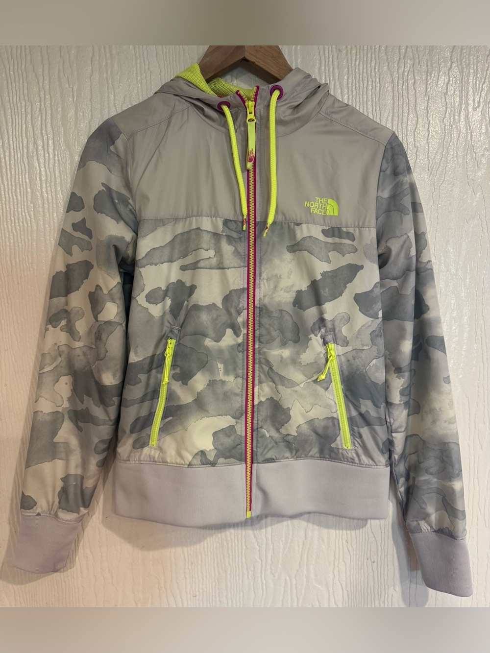 The North Face Women’s Gray Camo Hooded Puffer Jacket with Neon Yellow Accents